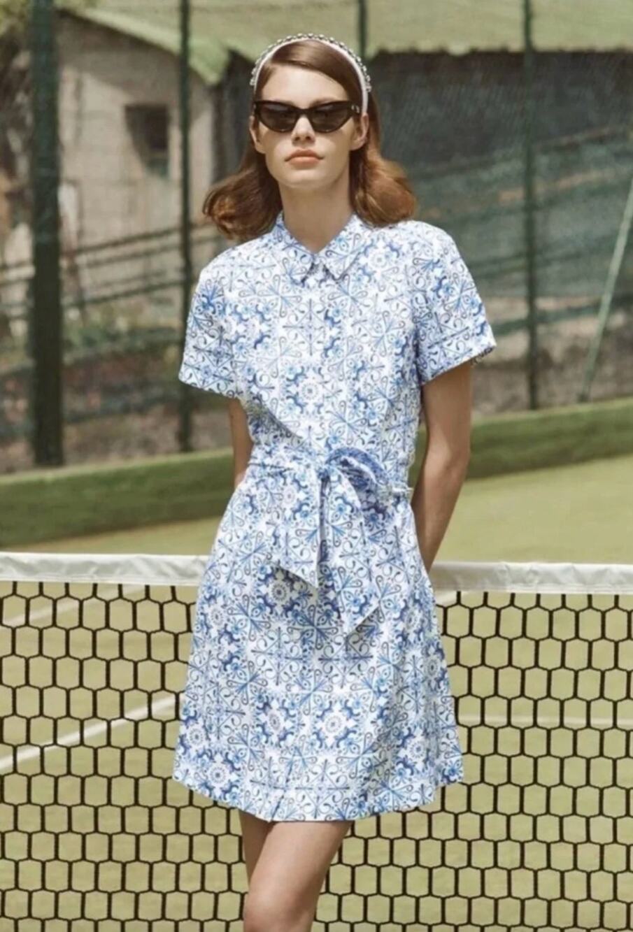 Hill House Home Laura Linen Shirt Dress Blue Mosaic Belted Mini, Size XXL